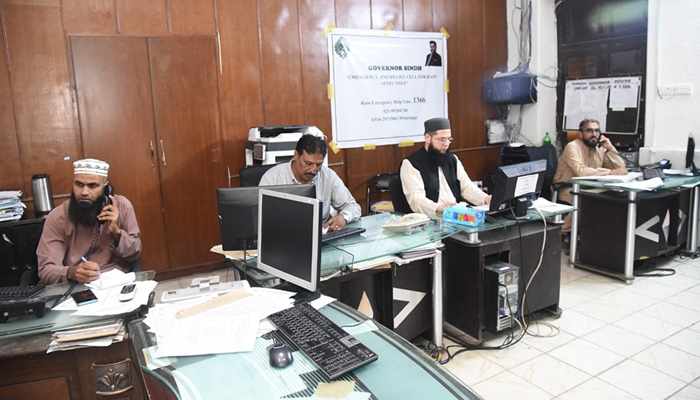 On the orders of Governor Sindh Kamran Tesori, an emergency cell has been set up in the Governor House, from which telephone operators are sitting on alert to note the citizens appeal for rain victims, drainage problems and financial assistance seen in this image August 31, 2024. — Facebook/TeamKTessori