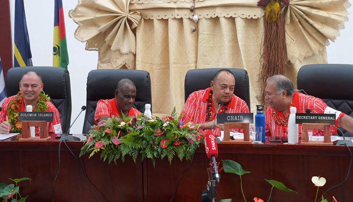 This picture taken on August 30, 2024, shows Pacific Islands leaders announcing the Pacific Resilience Facility decision at a meeting in Nuku´alofa.  — AFP