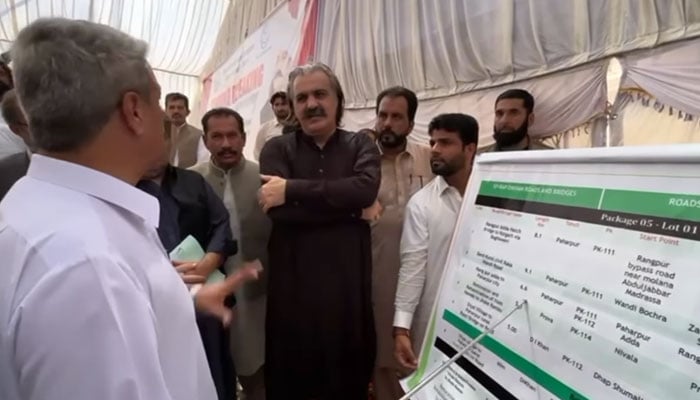 KP Chief Minister Ali Amin Gandapur speaks with officials at the groundbreaking ceremony on August 31, 2024. — Screengrab via Facebook/Ali Amin Khan Gandapur