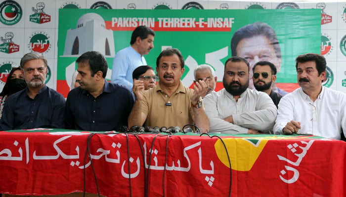 Tehreek-e-Insaf (PTI) Sindh President, Haleem Adil Shaikh addresses to media persons during press conference at Insaf House in Karachi on Sunday, September 1, 2024. — PPI