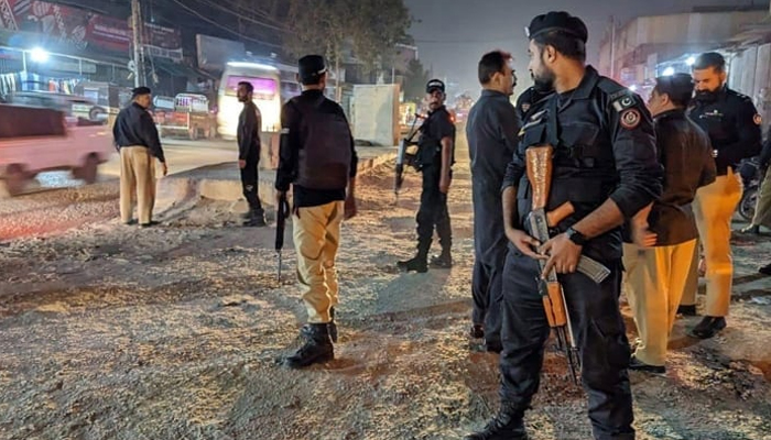 This image shows Karachi Police personnel and commandos standing guard on November 29, 2023. — Facebook/@KarachiPoliceOfficial