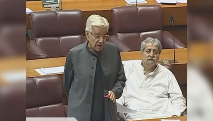 Defence Minister Khawaja Muhammad Asif addresses in the National Assembly on September 2, 2024. — Screengrab via Facebook/NATIONAL ASSEMBLY OF PAKISTAN