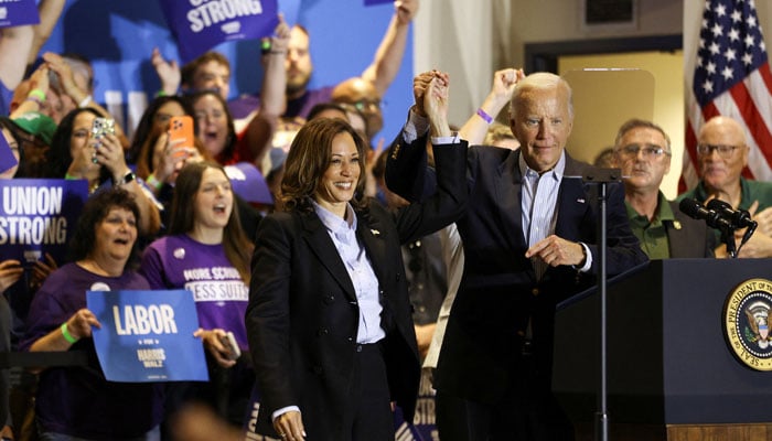 US President Joe Biden and Democratic presidential nominee and US Vice President Kamala Harris attend a Labor Day campaign event, at IBEW Local Union #5 in Pittsburgh, Pennsylvania, US, September 2, 2024. — Reuters