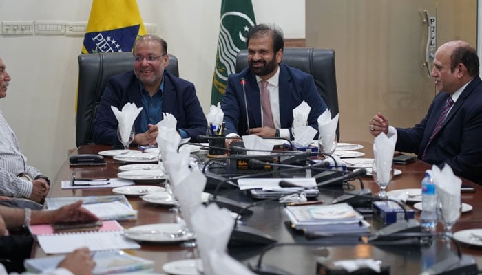 Punjab Minister of Industry and Commerce Chaudhry Shafay Hussain (left) attends the 166th board meeting while PIEDMC chairman Javed Iqbal (right) presides over the meeting at the PIEDMC office on September 3, 2024. — Facebook/Punjab Industrial Estates Development & Management Company