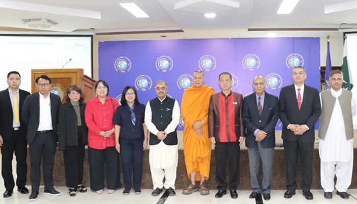 Senior monk from Thailand Dr Anil Sakya (5th from right) Director-General Institute of Strategic Studies Sohail Mahmood (centre) Director Institute of Strategic Studies Dr Talat Shabbir and other present in this image released on September 4, 2024. — Facebook/@Institute.of.Strategic.Studies.Islamabad