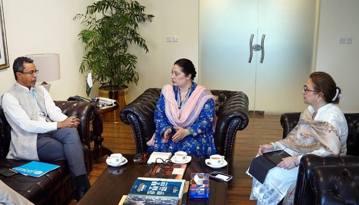 Representative of UNICEF in Pakistan Abdullah A. Fadil meeting with Coordinator to Prime Minister on Climate Change Romina Khurshid Alam in Islamabad seen in this image released on September 4, 2024. — Facebook/@Climate Change