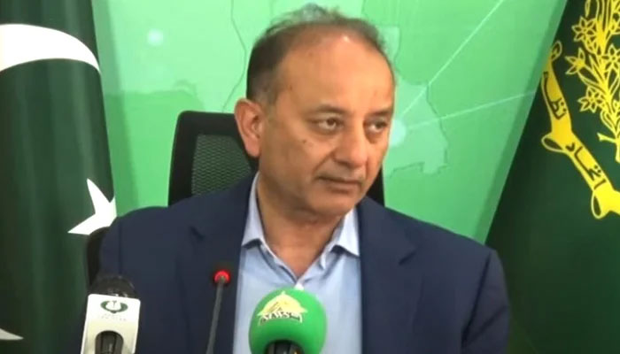 Federal Minister for Petroleum Dr Musadik Malik addresses the press conference in Islamabad on July 27, 2024. — Screengrab via Geo News