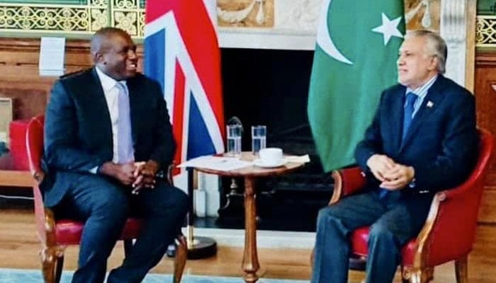 Deputy PM and Foreign Minister Ishaq Dar (right) exchange views with Secretary of State for Foreign, Commonwealth, and Development Affairs of the United Kingdom David Lammy on September 4, 2024. — Facebook/Pakistan High Commission UK