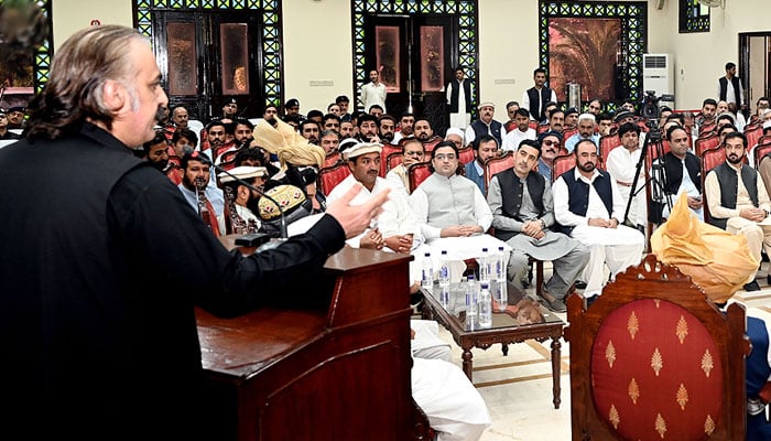 Chief Minister KP Sardar Ali Amin Khan Gandapur addresses tribal jirga at Chief Minister House on September 5, 2024. — NNI