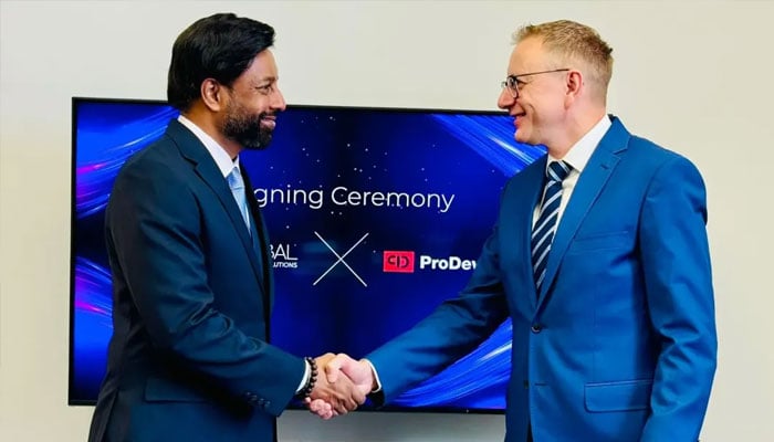 An image from the MoU signing between global tech firm ProDevice and SI Global Solutions, a Pakistani system integration and IT company.— X@Prodevice/file