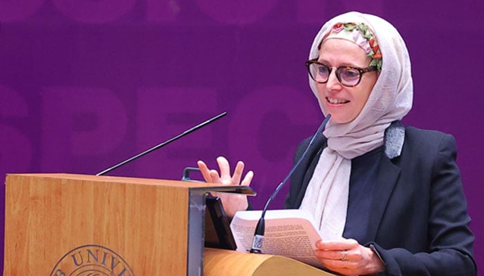 Dr Larisa Jasarevic speaks at the inaugural lecture for Lady Fatima Endowed Faculty Chair in Women and Divinity at a university in Karachi on September 5, 2024. — Facebook/Habib University