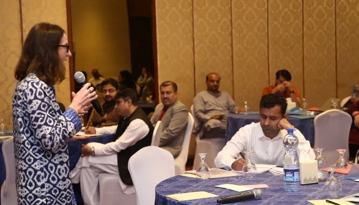 Susan Andre, chief of child protection at Unicef Pakistan speaks at an event organised by Social Welfare Department in partnership with Unicef Pakistan on September 5, 2024. — Facebook/Sindh Child Protection Authority