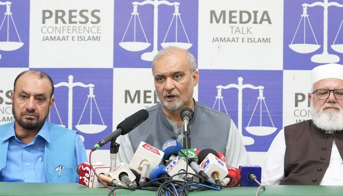 Jamaat-e-Islami (JI) Emir Hafiz Naeem ur Rehman speaks at a press conference in Mansoora on September 5, 2024. — Facebook/Hafiz Naeem ur Rehman