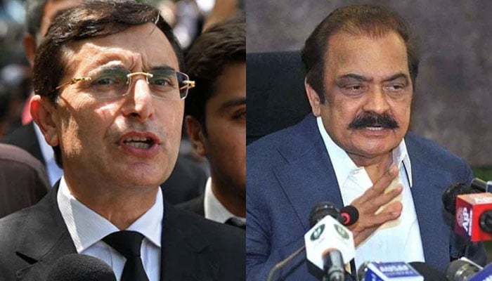 PTI Chairman Gohar Khan (left) and Adviser to the PM Shehbaz Sharif on Political Affairs Rana Sanaullah. — APP/File