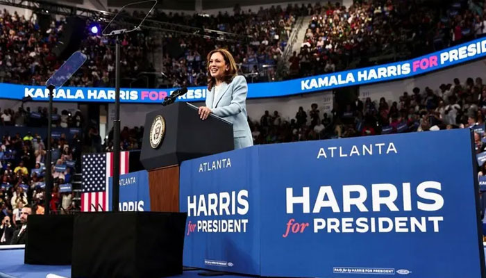 Democratic presidential candidate and US Vice President Kamala Harris speaks at a presidential election campaign event in Atlanta, Georgia, US July 30, 2024.— Reuters