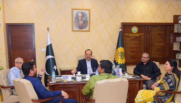 President of Korangi Association of Trade and Industry Johar Qandhari while meeting with a delegation in Karachi on February 20, 2024. — Facebook/Korangi Association of Trade And Industry