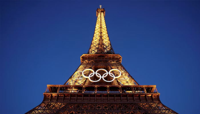 The Olympic rings are displayed on the first floor of the Eiffel Tower ahead of the Paris 2024 Olympic games in Paris, France, June 7, 2024 — Reuters