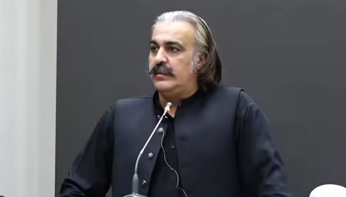 Khyber Pakhtunkhwa Chief Minister Ali Amin Gandapur addresses an event in an undated picture September 5, 2024. — Facebook/@AliAminKhanGandaporPTI