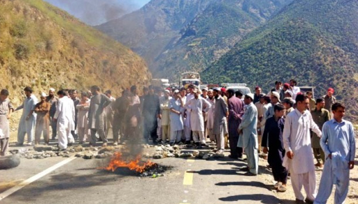 Residents of Dubair and Ranowalia areas in Lower Kohistan protested against WAPDA and burn tyres at Karakoram Highway (KKH) seen in this image. — PPI/File