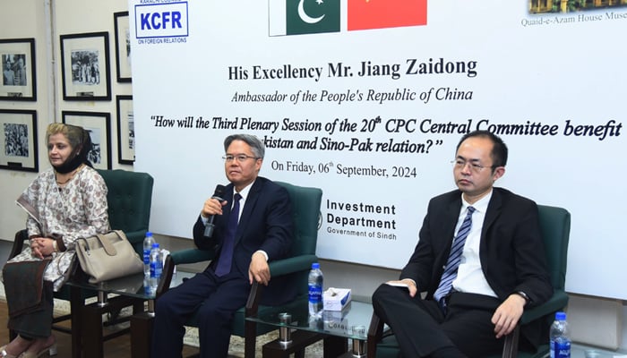 China’s Ambassador to Pakistan Jiang Zaidong expressing his views on 20th Central Committee of the Communist Party of China (CPC) will Benefit Pakistan and Sino-Pak Relations on this occasion Nadira panjwani from karachi council on Foreing Relation and other are present at Quaid-e-House Museum on September 6, 2024. — Reporter