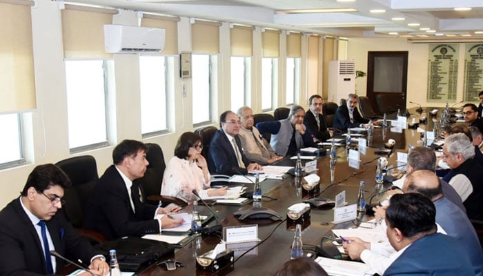 Federal Minister for Finance & Revenue Senator Muhammad Aurangzeb (4th from left), Minister for Housing & Works Riaz Hussain Pirzada, (5th from left), Minister for Maritime Affairs Qaiser Ahmed Sheikh (6th from left) and other officials are seen in this image released on August 12, 2024. — X/@Financegovpk