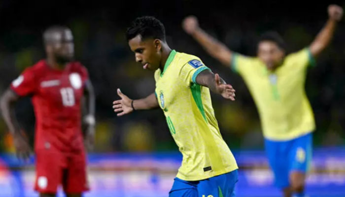 Real Madrids forward Rodrygo celebrates his goal in Fridays 2026 World Cup qualifying win over Ecuador. — AFP