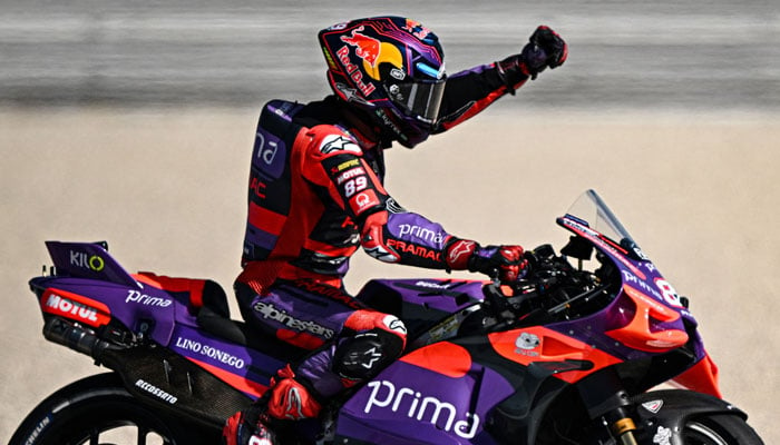 Ducati Spanish rider Jorge Martin celebrates after winning the sprint race of the San Marino MotoGP Grand Prix at the Misano World Circuit Marco-Simoncelli in Misano Adriatico on September 7, 2024. — AFP