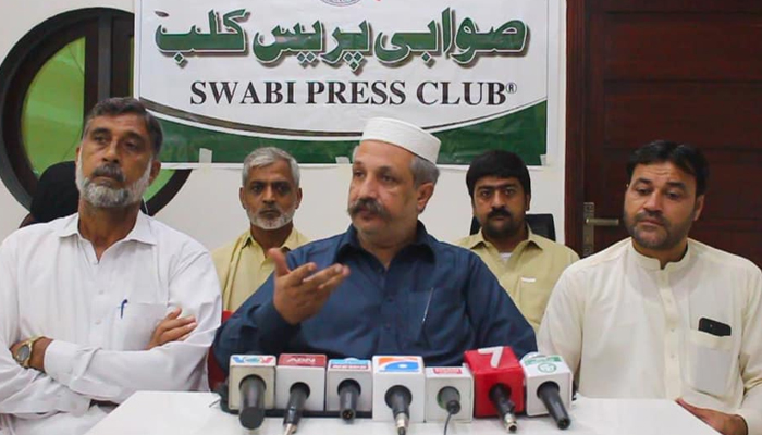 Awami National Party (ANP) leader Khanzada Shah Nawaz Khan at Swabi Press Club PTI is holding a press conference on the Islamabad rally regarding the allegation of the KP government using the funds of the province on September 7, 2024. — Facebook/@SPC.Registered