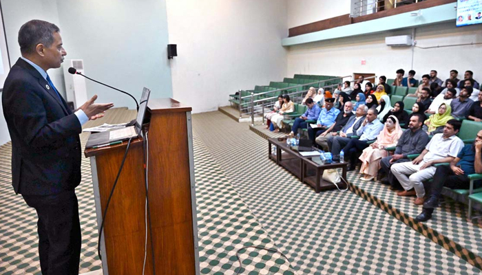 CEO of the International Governance and Sustainability Institute (IG-SI) Dr Sultan Azam Temuri addressing a seminar on International Day of Police Cooperation organised by SOS & NSU at National Skills University on September 7, 2024. — APP