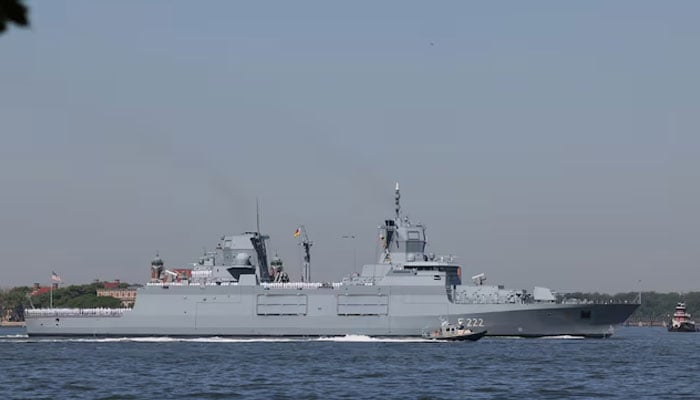 Sailors line the deck of the German frigate F222 Baden-Wuerttemberg in New York City, U.S., May 22, 2024. — Reuters