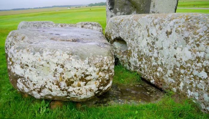 The Altar Stone at the ancient monument Stonehenge located on Salisbury Plain is seen underneath two bigger Sarsen stones in Wiltshire, Britain in this undated photo released on August 14, 2024. — Reuters