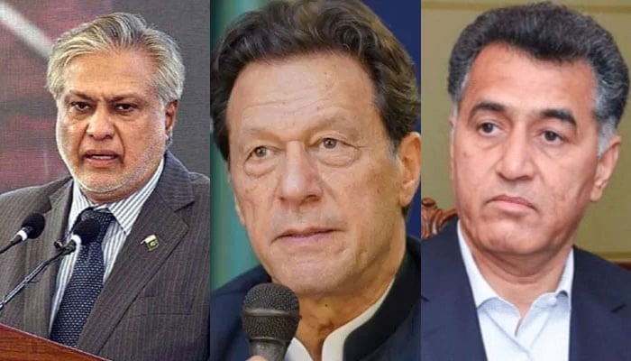 This collage of images shows, Deputy Prime Minister and Foreign Minister Ishaq Dar (left), former prime minister Imran Khan (centre) and former DG (ISI) Lt Gen (retd) Faiz Hameed. — APP/Instagram/imrankhan.pti/ISPR/File