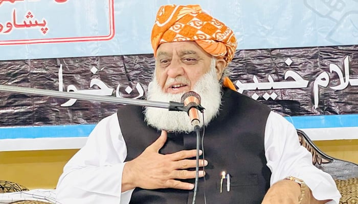 Jamiat Ulema-e-Islam-Fazl (JUI-F) Chief Maulana Fazlur Rehman gestures while speaking to a gathering in this image on November 19, 2023. — Facebook/Maulana Fazl ur Rehman