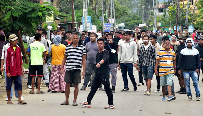 Internally displaced persons (IDPs), who are living in relief camps, react during a protest rally demanding their resettlement in their native places, in Imphal, Manipur, India, August 1, 2024. — Reuters