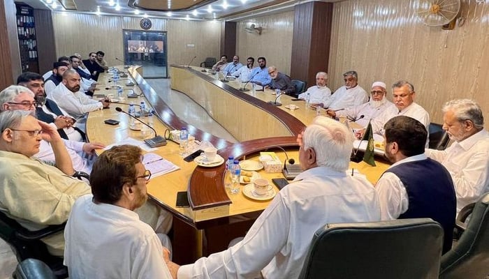 Sarhad Business Alliance (SBA) Chairman Syed Zahir Ali Shah (centre), is meeting with SBA Patron-in-Chief, Ghulam Ali, Malik Mehr Elahi, Muhammad Ishaq and other are seen in this image released on September 7, 2024. — Facebook/@Sarhad Business Alliance