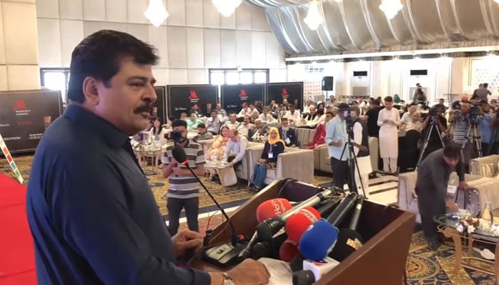 Sindh Education Minister Syed Sardar Ali Shah addresses at an event on September 8, 2024. — Screengrab via Facebook/Syed Sardar Ali Shah