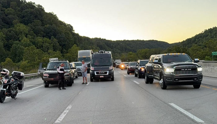 This handout image taken and released by the Mount Vernon Fire Department on September 7, 2024 shows traffic stopped on Interstate 75 during an active shooter incident near London, Kentucky. — AFP