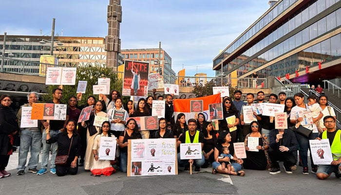 People from the Indian diaspora gather to protest the rape and murder of a trainee medic in Kolkata last month, in Stockholm, Sweden, September 8, 2024. — Reuters