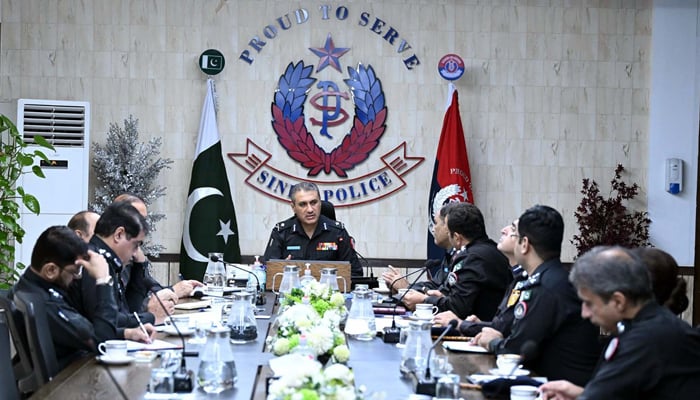 Sindh Police Inspector General (IG) Ghulam Nabi Memon presides over a high-level meeting at Karachi Police Headquarters in Karachi on September 9, 2024. — PPI