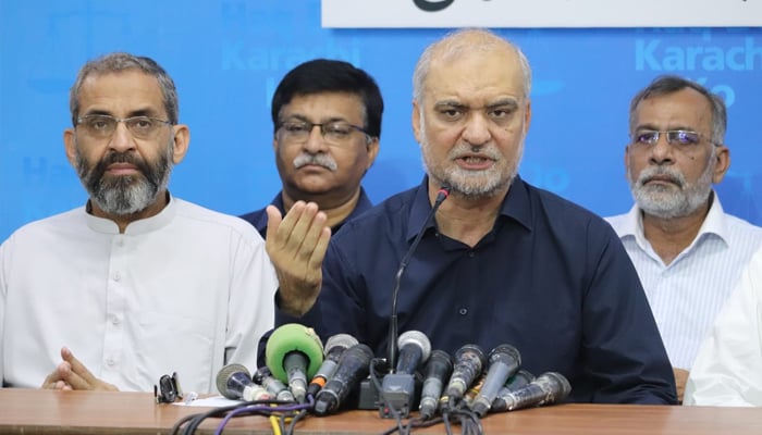 Jamaat-e-Islami (JI) emir Engr Hafiz Naeemur Rehman is holding a press conference for the wheel-jam strike and emir  Jamaat-e-Islami Karachi Munem Zafar and others are present seen in this image released on September 9, 2024. — Facebook/@HafizNaeemRehman