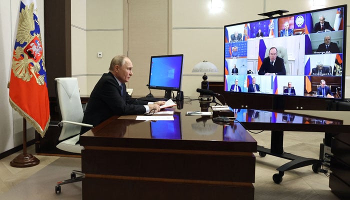 In this photograph, Russias President Vladimir Putin chairs a Security Council meeting via videoconference at the Novo-Ogaryovo state residence outside Moscow on September 6, 2024. — AFP