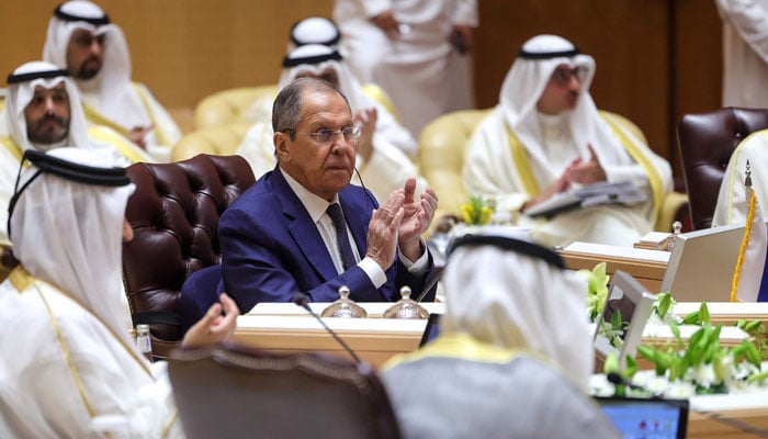 Russian Foreign Minister Sergei Lavrov (C) attends the GCC-Russia Joint Ministerial Meeting for Strategic Dialogue, at the Gulf Cooperation Council (GCC) Secretariat in Riyadh on September 9, 2024. — AFP