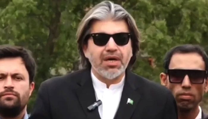 Former minister and senior leader of PTI Ali Muhammad Khan speaks to journalists outside Rawalpindi’s Adiala Jail on May 3, 2024. — Screengrab/Geo News