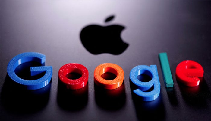 A 3D printed Google logo is placed on the Apple Macbook in this illustration taken April 12, 2020. — Reuters