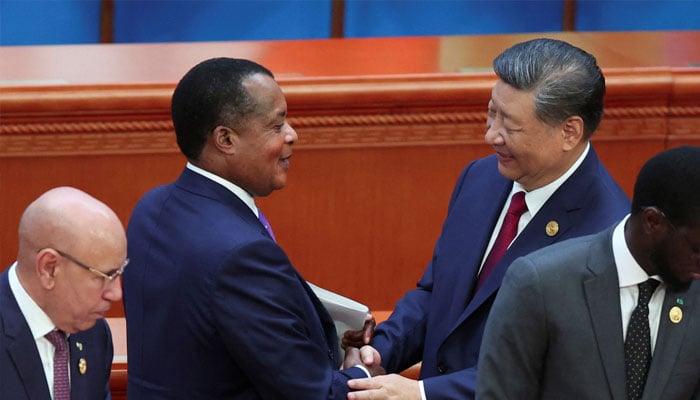 Republic of the Congo President Denis Sassou Nguesso and Chinese President Xi Jinping shake hands at the opening ceremony of the ninth Forum on China-Africa Cooperation (FOCAC) Summit, at the Great Hall of the People in Beijing, China September 5, 2024. — Reuters