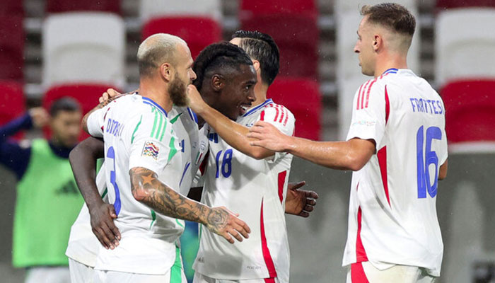 Italys Moise Kean celebrates scoring their second goal with Federico Dimarco, Giacomo Raspadori and Davide Frattesi on September 9, 2024. — Reuters