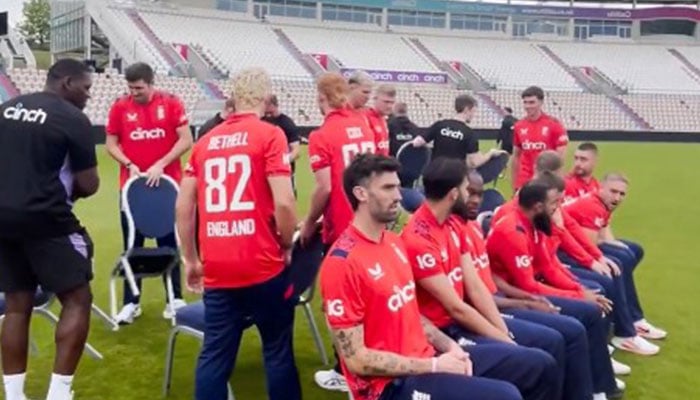 England players are seen preparing to post for a group photo in this image released on September 10, 2024. — Screengrab via X/@englandcricket