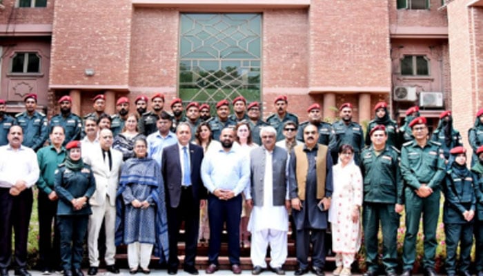 Health and Emergency Services Minister Khawaja Salman Rafique pose for a group photo along with Education Minister Rana Sikandar at Lahore College for Women University (LCWU) on September 10, 2024. — Facebook/Khawaja Salman Rafique