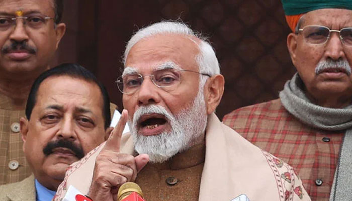 Indias Prime Minister Narendra Modi speaks with the media inside the parliament premises upon his arrival on the first day of the budget session in New Delhi, India, January 31, 2024. — Reuters