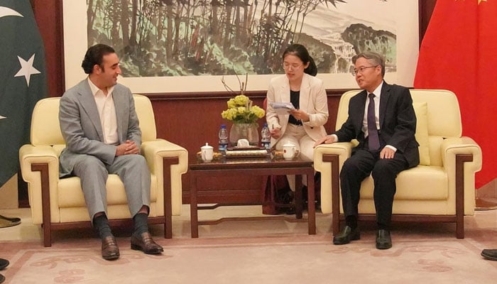 Pakistan People’s Party (PPP) Chairman Bilawal Bhutto Zardari (left) discusses with Chinese Ambassador Jiang Zaidong (right) during his visits to the Chinese Embassy in Islamabad on September 10, 2024. — Facebook/Pakistan Peoples Party - PPP